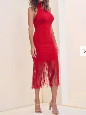 VENUS High Neck Fringe Dress Red Halter Bodycon Midi Small NWT